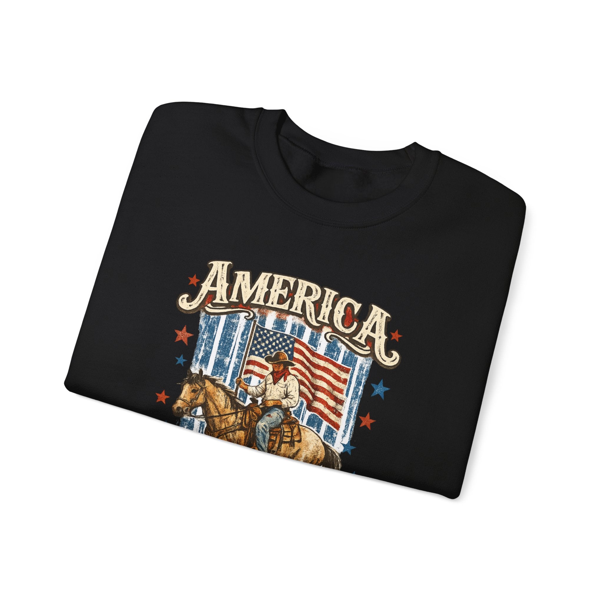 America 250th Anniversary Crewneck Sweatshirt — Patriotic Cowboy Flag Design