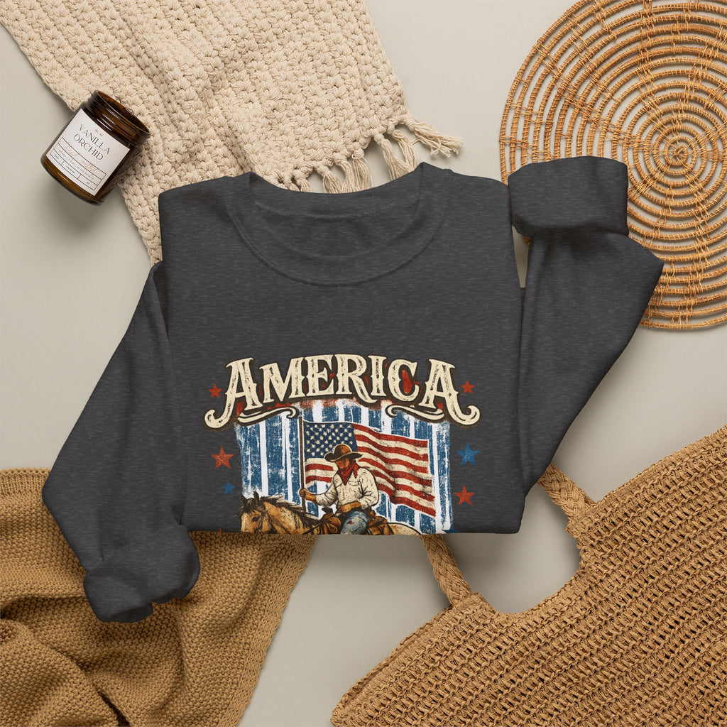 America 250th Anniversary Crewneck Sweatshirt — Patriotic Cowboy Flag Design