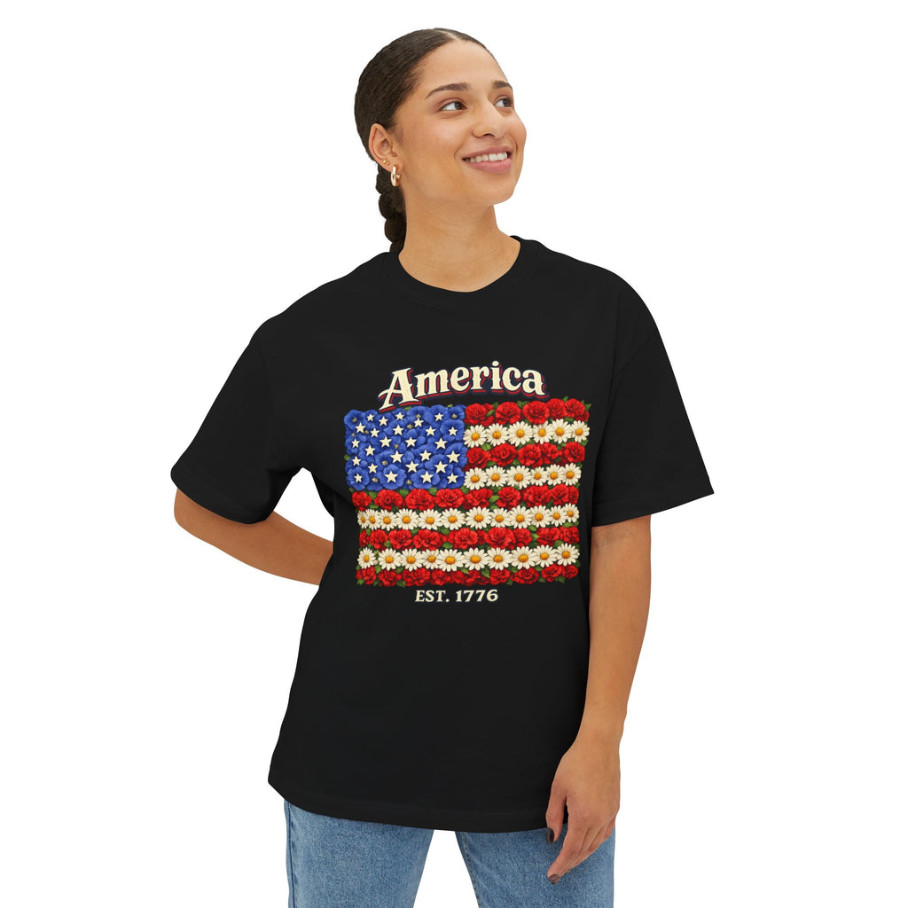 America Floral Flag T‑Shirt — Patriotic USA Flower Flag Tee (Est. 1776)