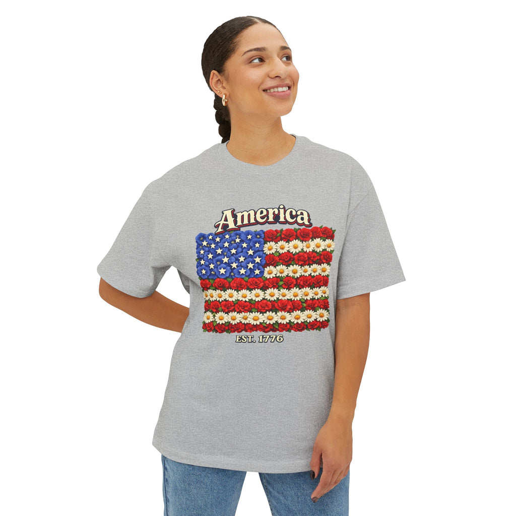 America Floral Flag T‑Shirt — Patriotic USA Flower Flag Tee (Est. 1776)