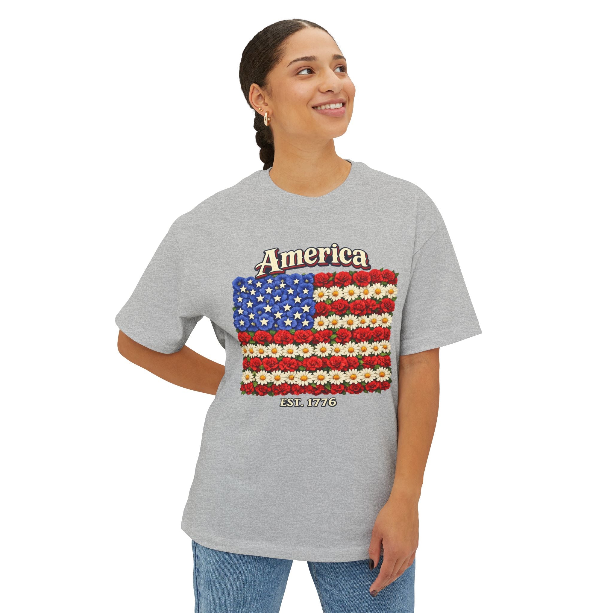 America Floral Flag T‑Shirt — Patriotic USA Flower Flag Tee (Est. 1776)