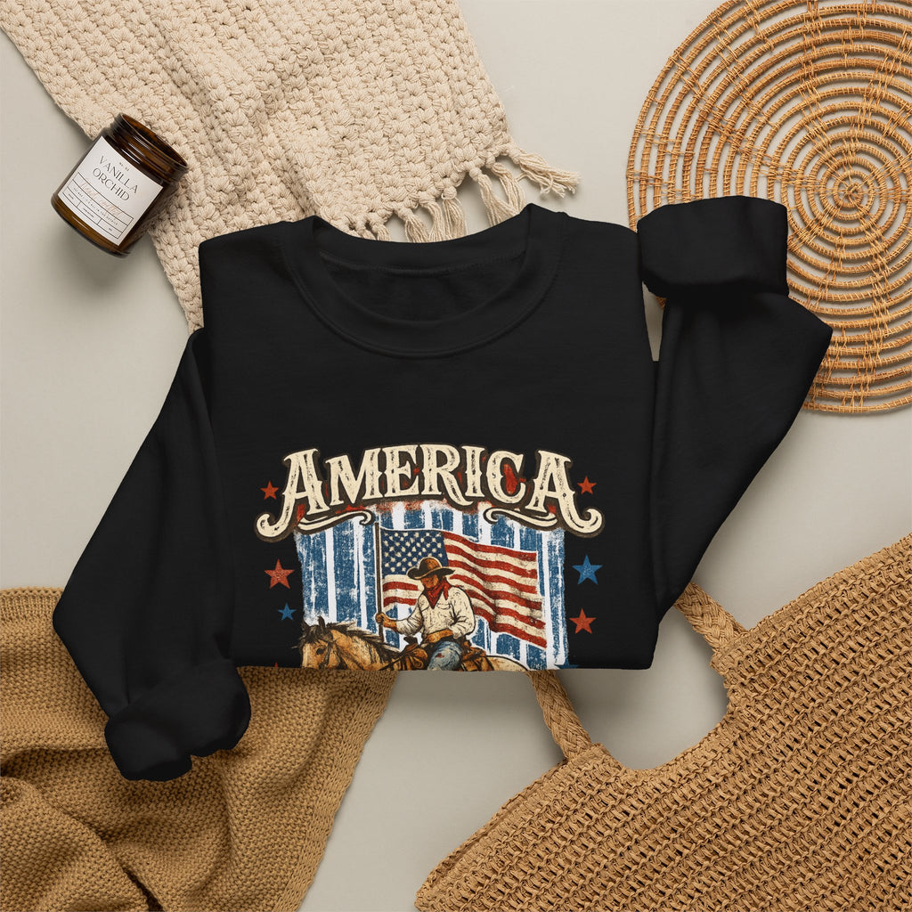 America 250th Anniversary Crewneck Sweatshirt — Patriotic Cowboy Flag Design