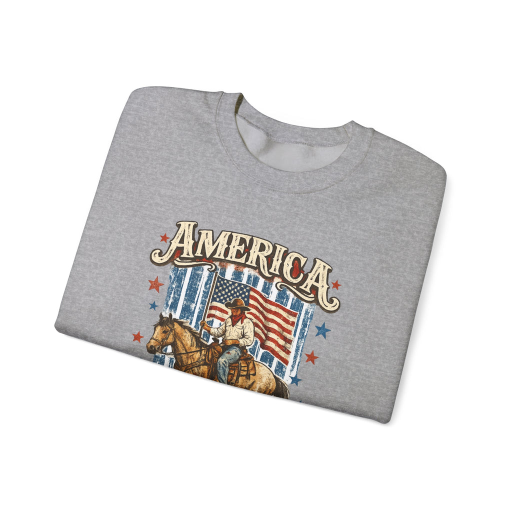 America 250th Anniversary Crewneck Sweatshirt — Patriotic Cowboy Flag Design