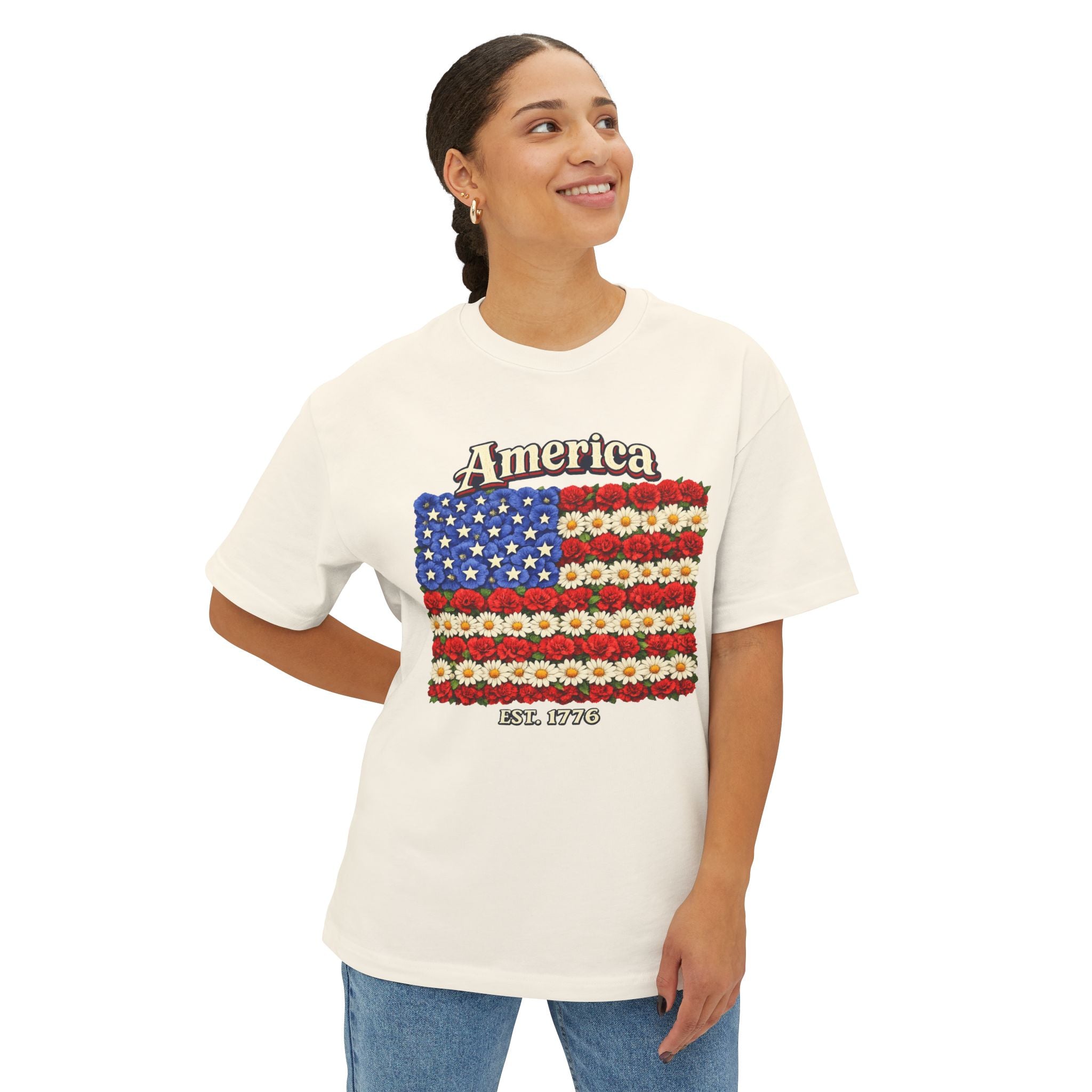 America Floral Flag T‑Shirt — Patriotic USA Flower Flag Tee (Est. 1776)