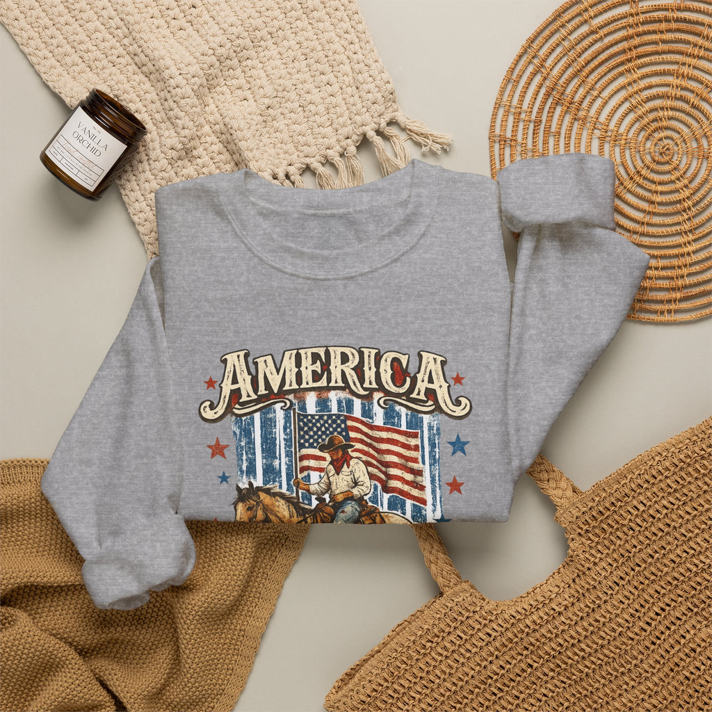 America 250th Anniversary Crewneck Sweatshirt — Patriotic Cowboy Flag Design