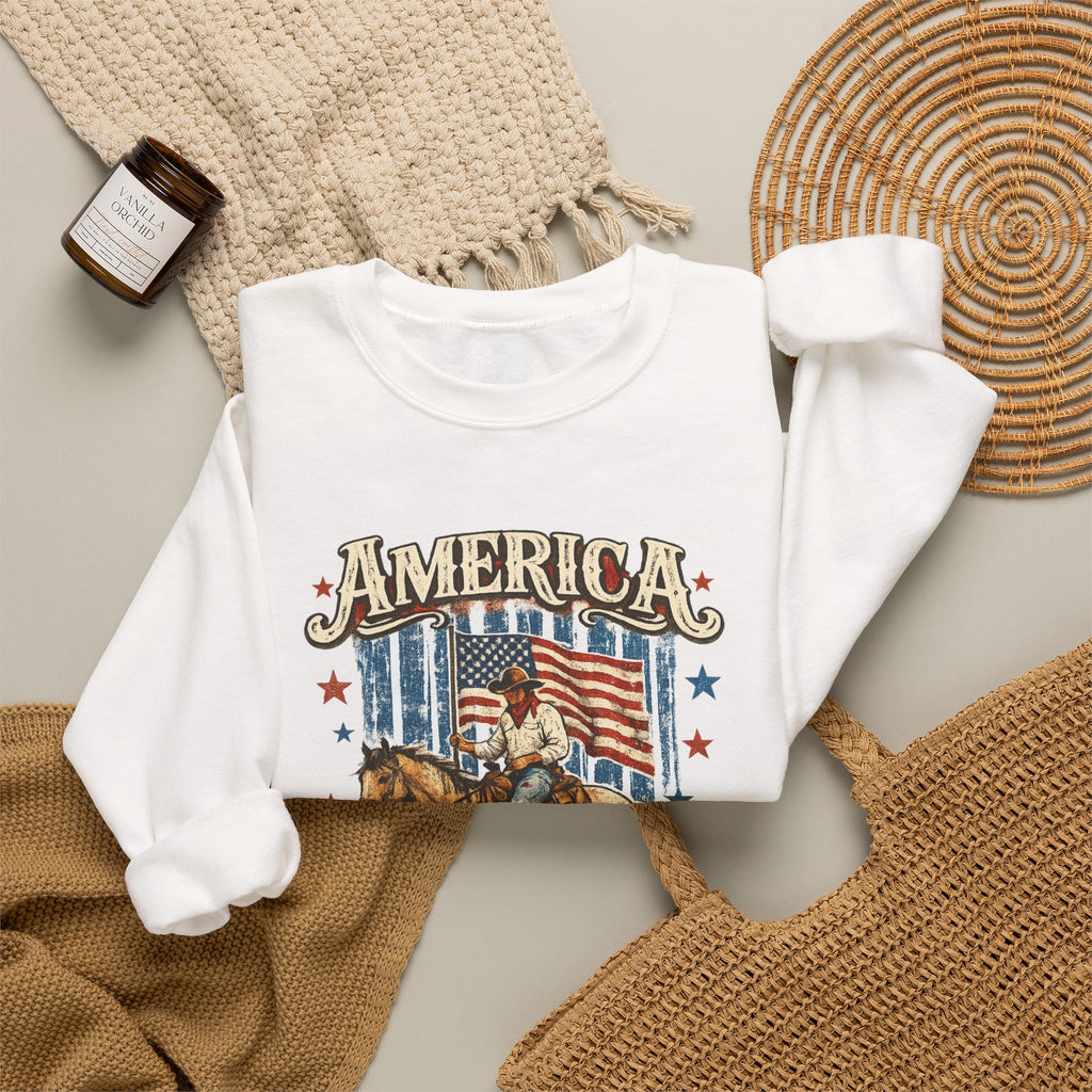 America 250th Anniversary Crewneck Sweatshirt — Patriotic Cowboy Flag Design