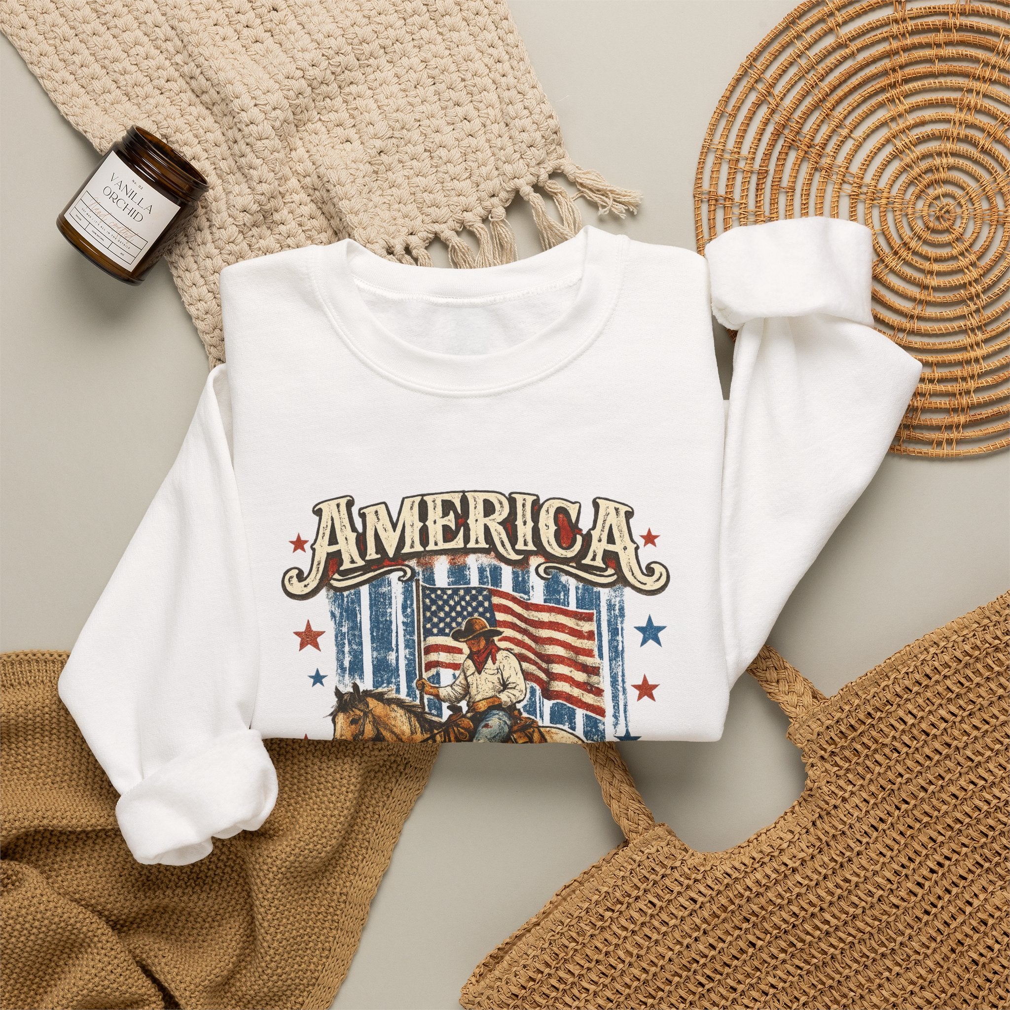 America 250th Anniversary Crewneck Sweatshirt — Patriotic Cowboy Flag Design