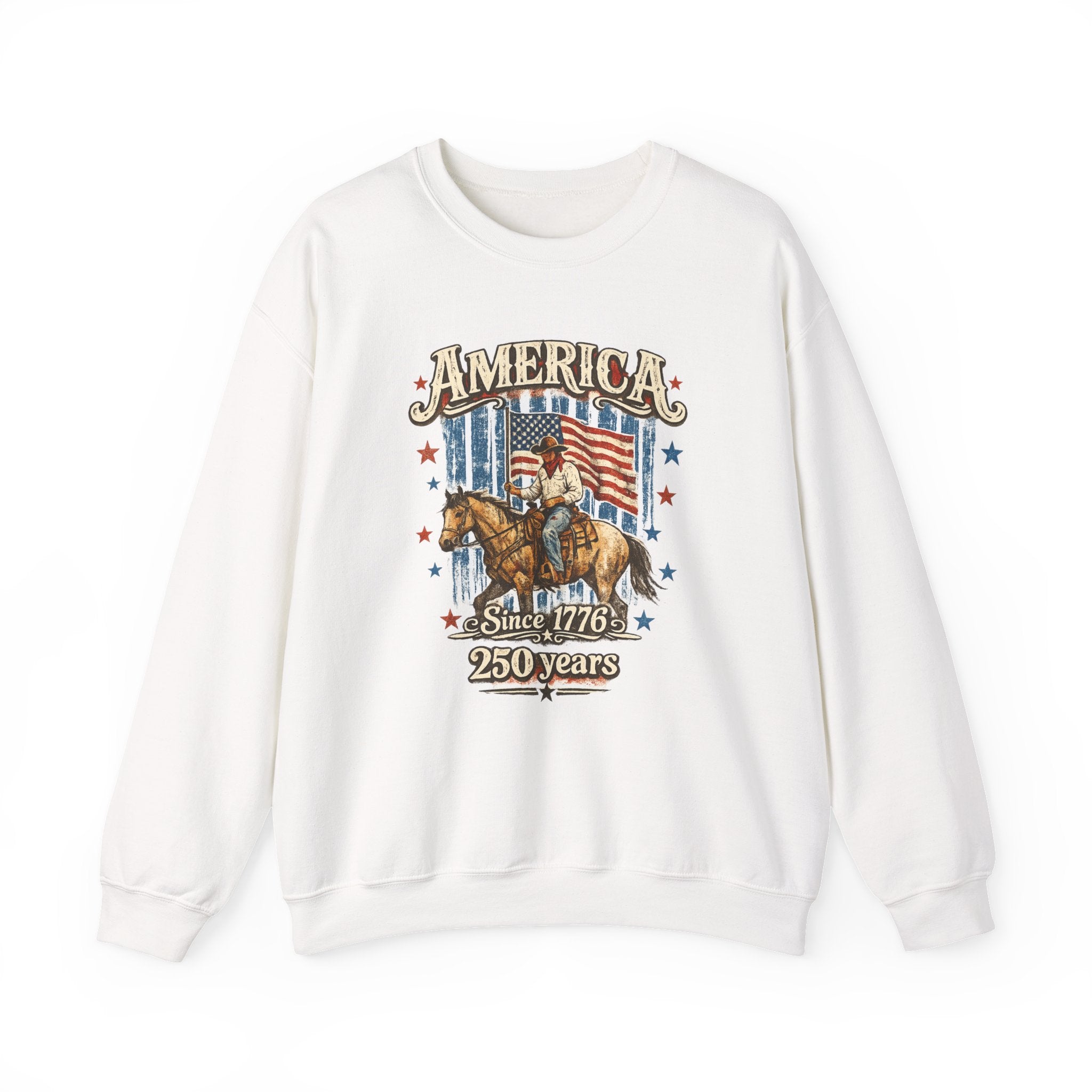 America 250th Anniversary Crewneck Sweatshirt — Patriotic Cowboy Flag Design