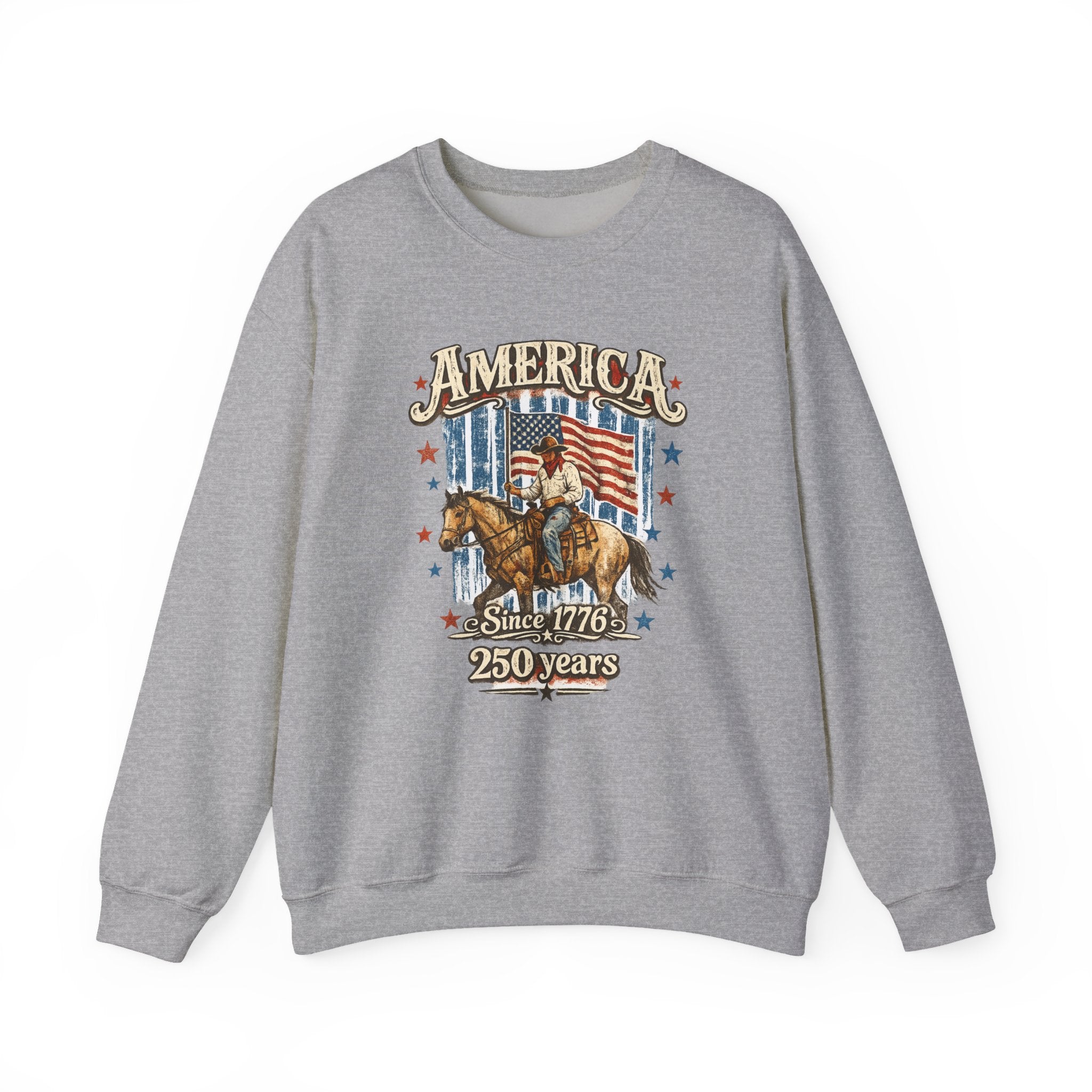 America 250th Anniversary Crewneck Sweatshirt — Patriotic Cowboy Flag Design