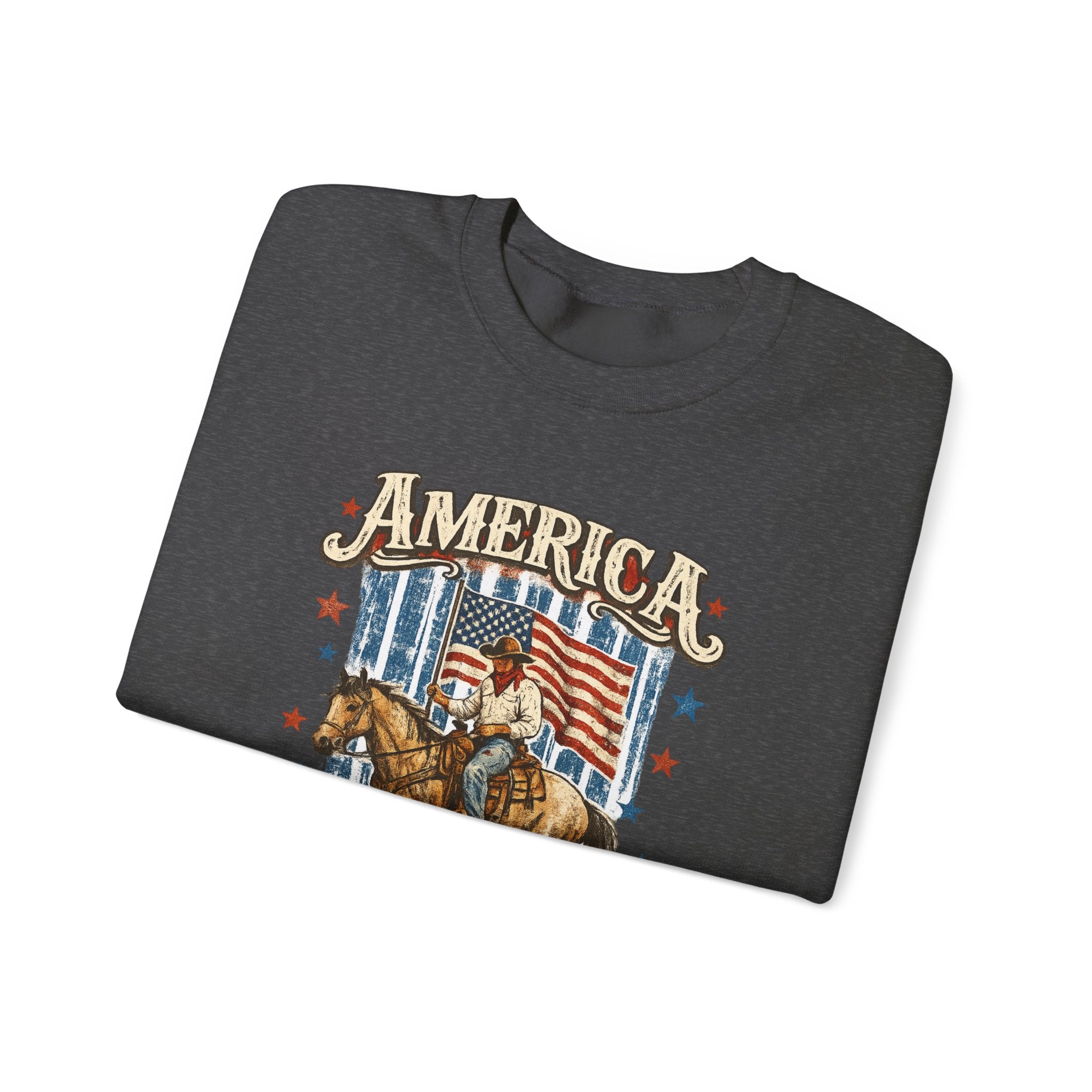 America 250th Anniversary Crewneck Sweatshirt — Patriotic Cowboy Flag Design