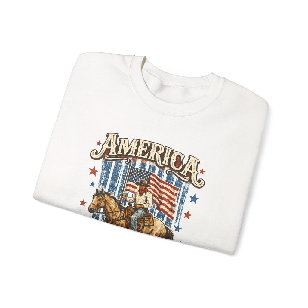 America 250th Anniversary Crewneck Sweatshirt — Patriotic Cowboy Flag Design