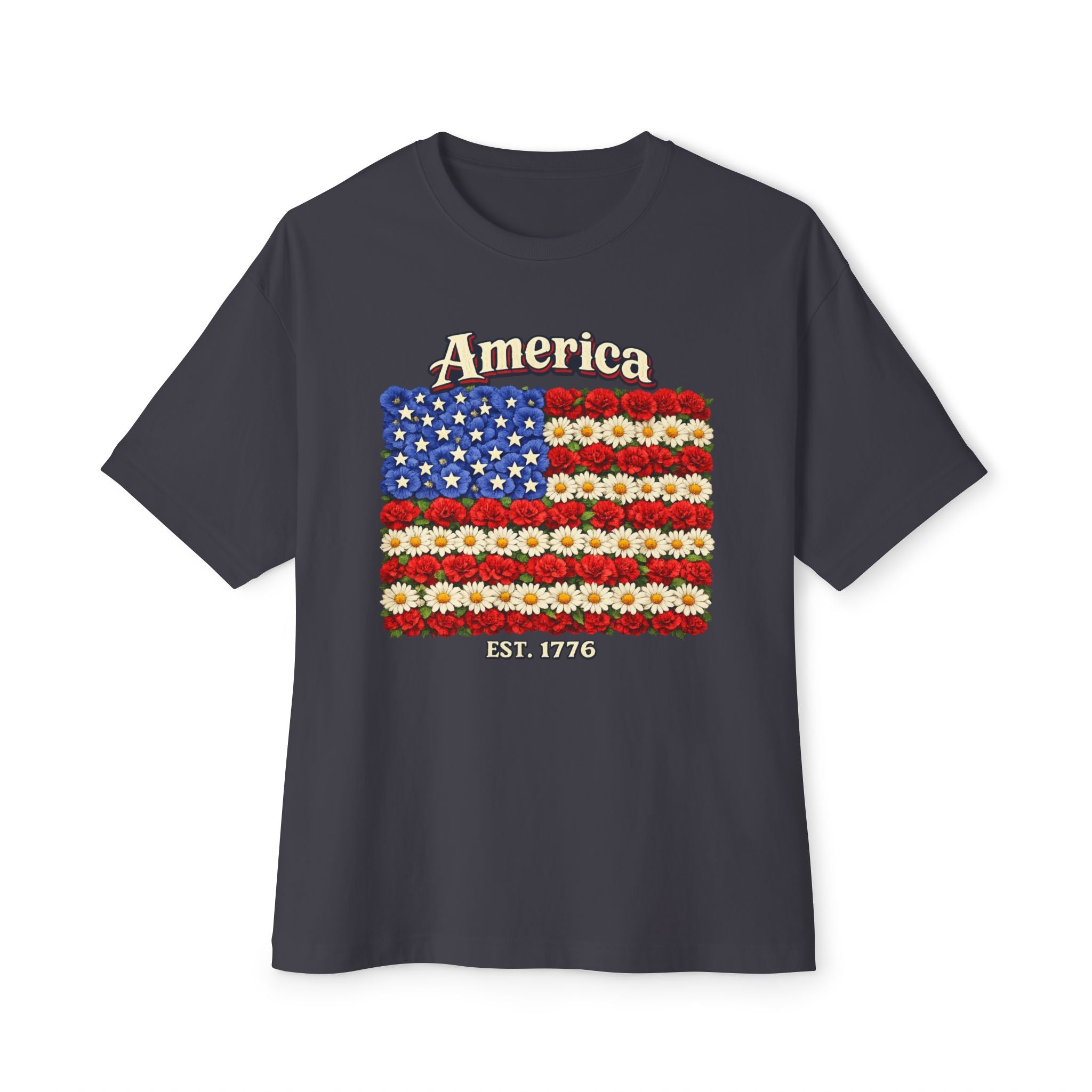 America Floral Flag T‑Shirt — Patriotic USA Flower Flag Tee (Est. 1776)