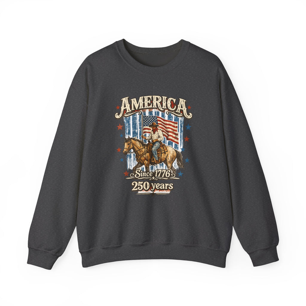 America 250th Anniversary Crewneck Sweatshirt — Patriotic Cowboy Flag Design
