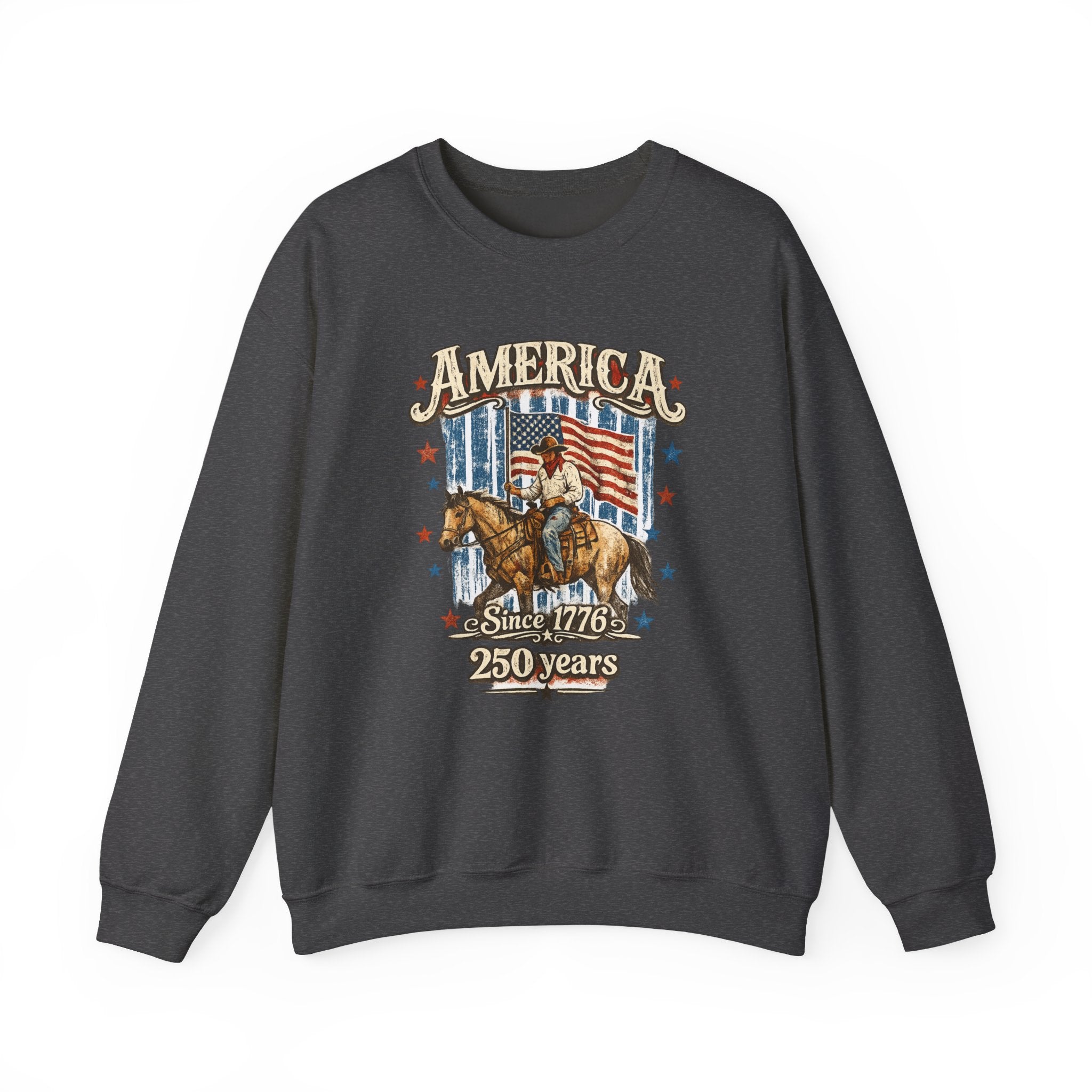 America 250th Anniversary Crewneck Sweatshirt — Patriotic Cowboy Flag Design