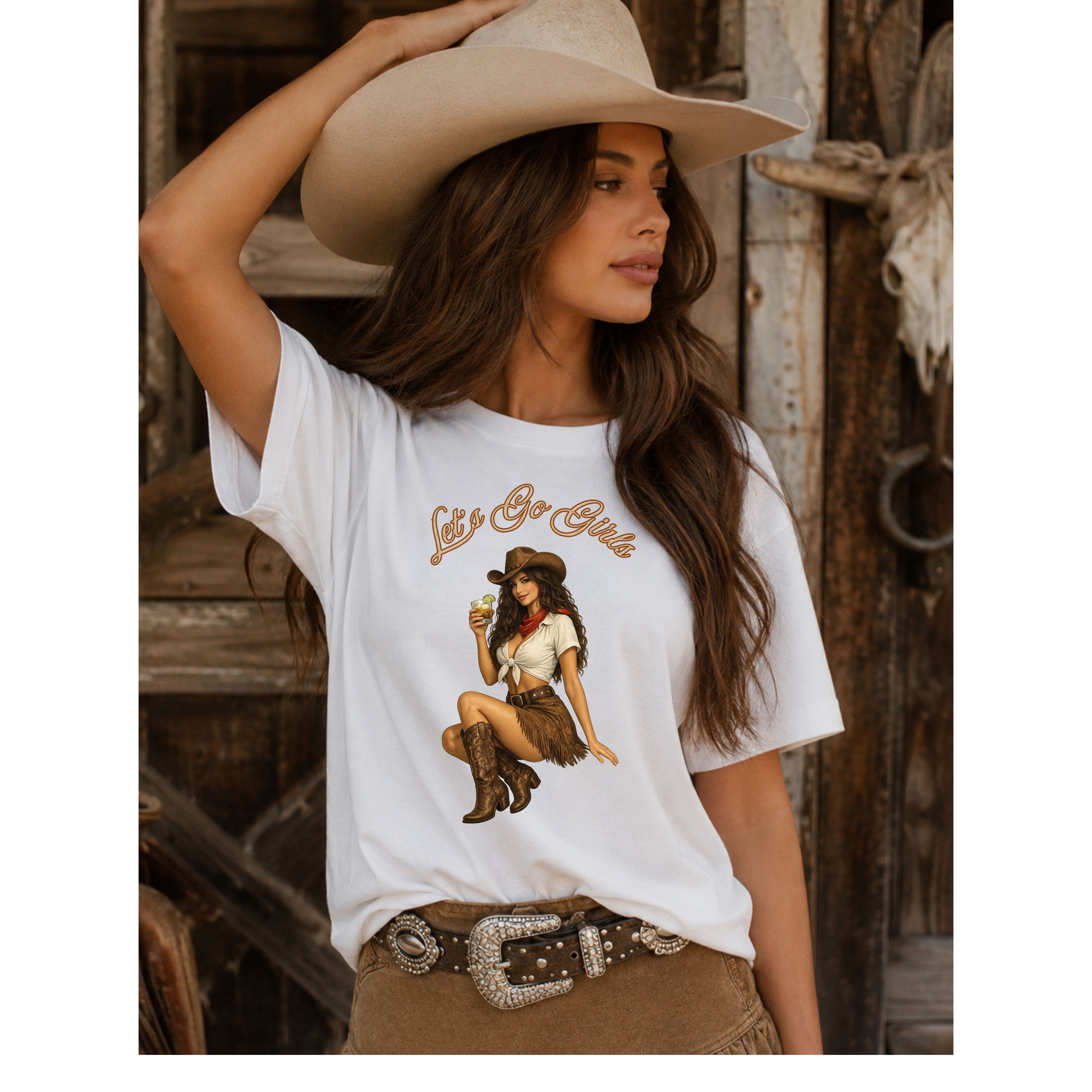 Cowgirl Pinup Tee — "Let's Go Girls" Retro Western Graphic T-Shirt