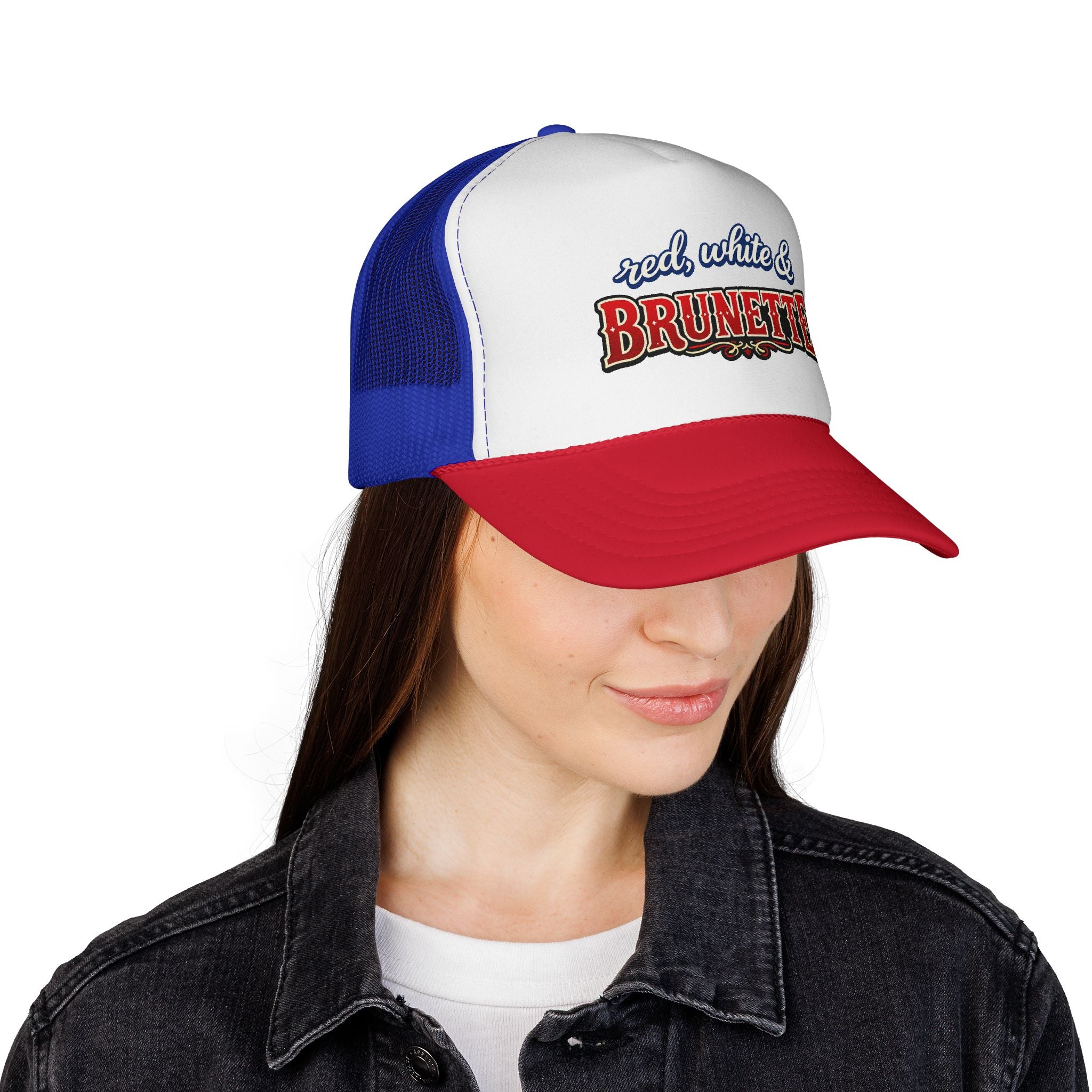 Red, White & Brunette Trucker Cap — Patriotic Fourth of July Hat for Brunettes