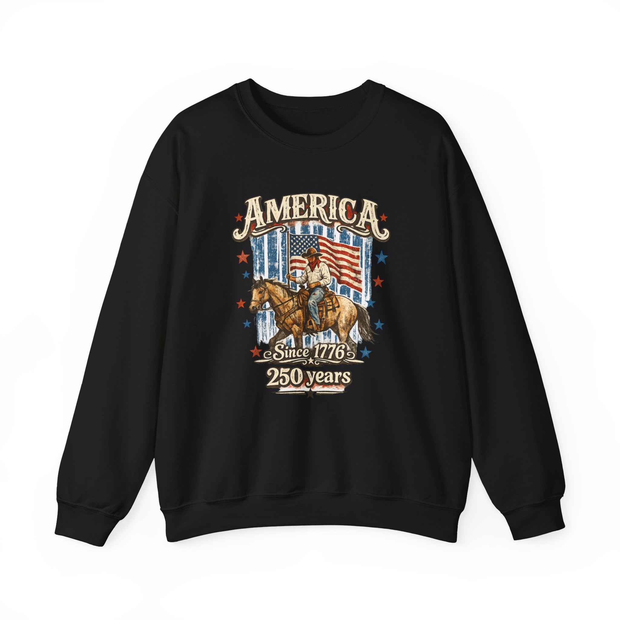 America 250th Anniversary Crewneck Sweatshirt — Patriotic Cowboy Flag Design