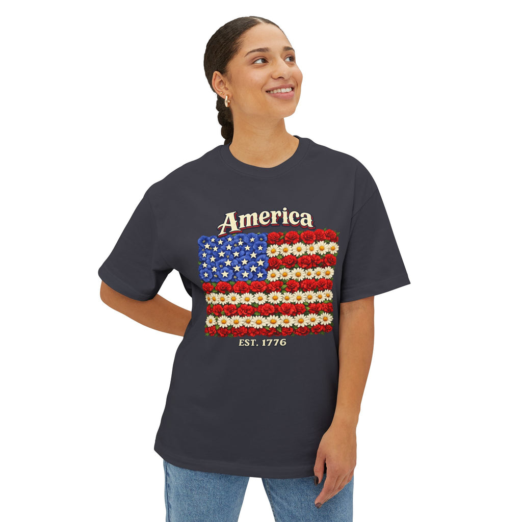 America Floral Flag T‑Shirt — Patriotic USA Flower Flag Tee (Est. 1776)