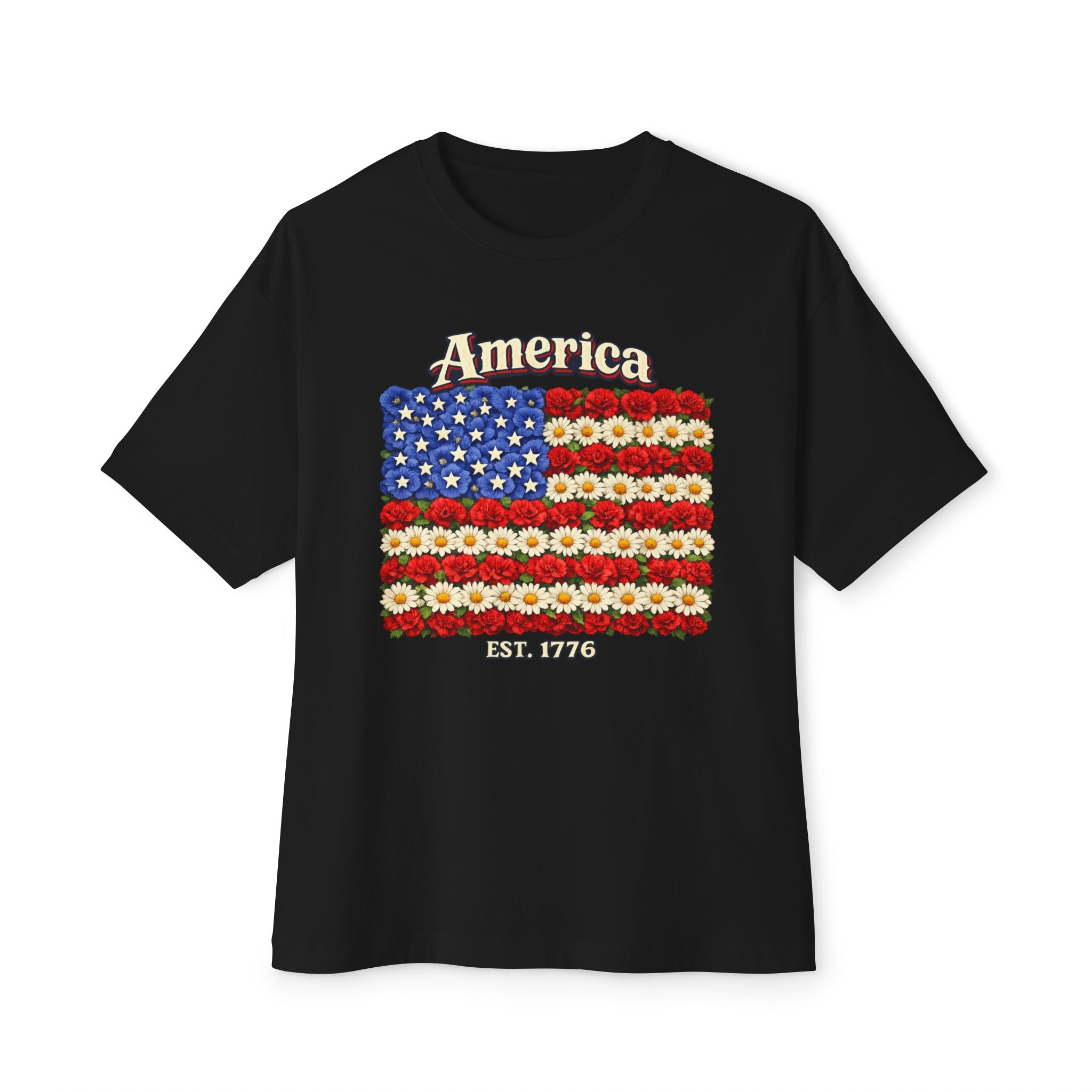 America Floral Flag T‑Shirt — Patriotic USA Flower Flag Tee (Est. 1776)