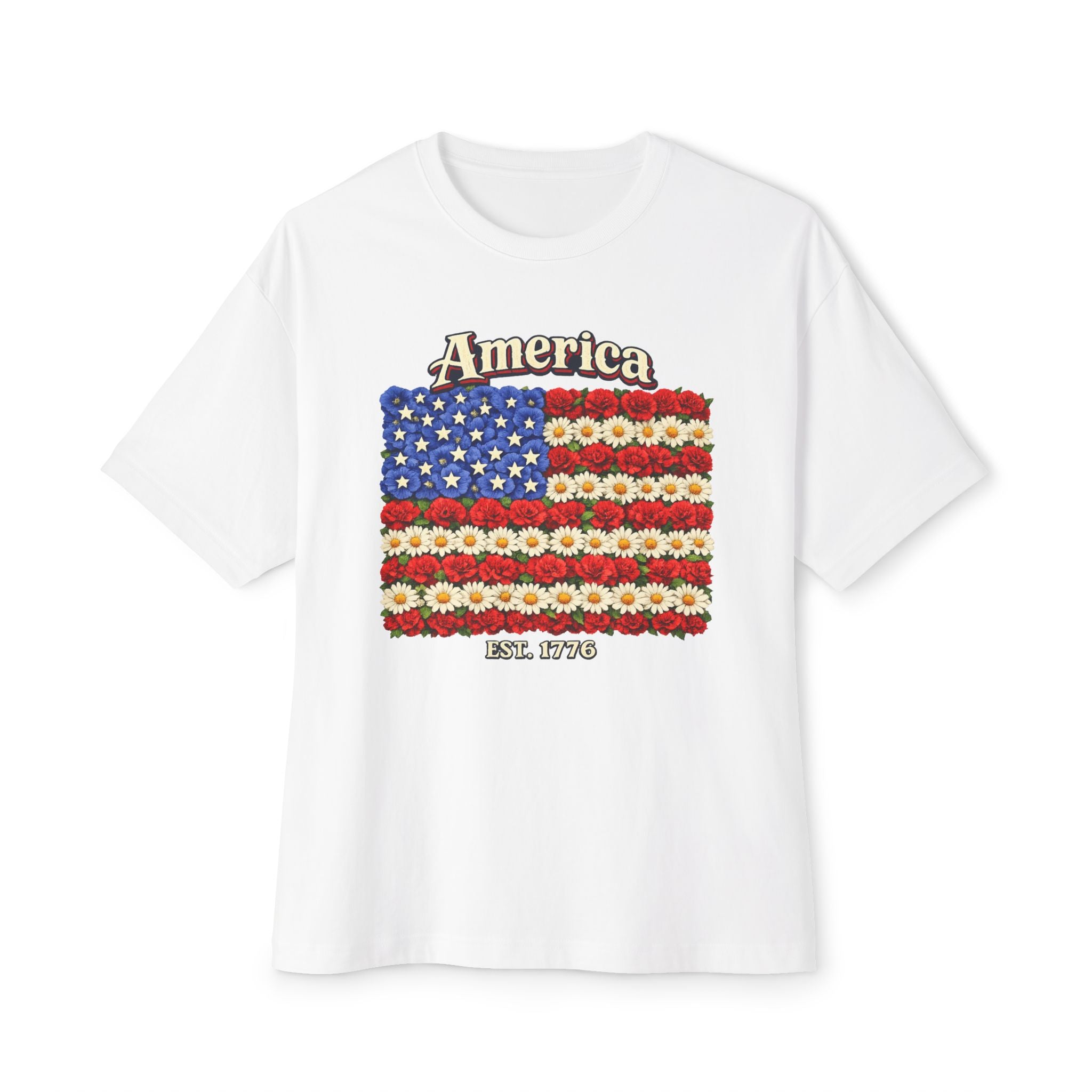 America Floral Flag T‑Shirt — Patriotic USA Flower Flag Tee (Est. 1776)