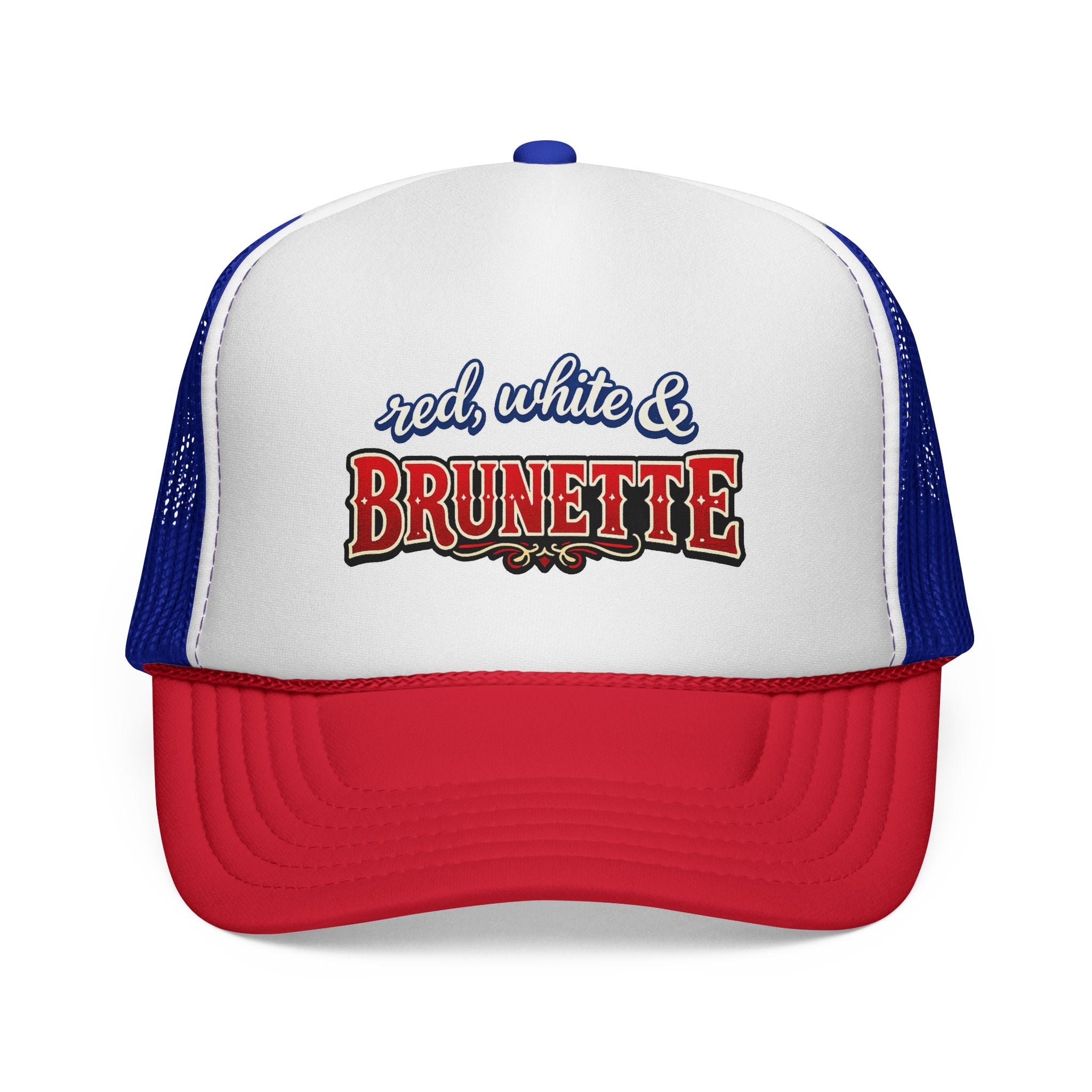 Red, White & Brunette Trucker Cap — Patriotic Fourth of July Hat for Brunettes